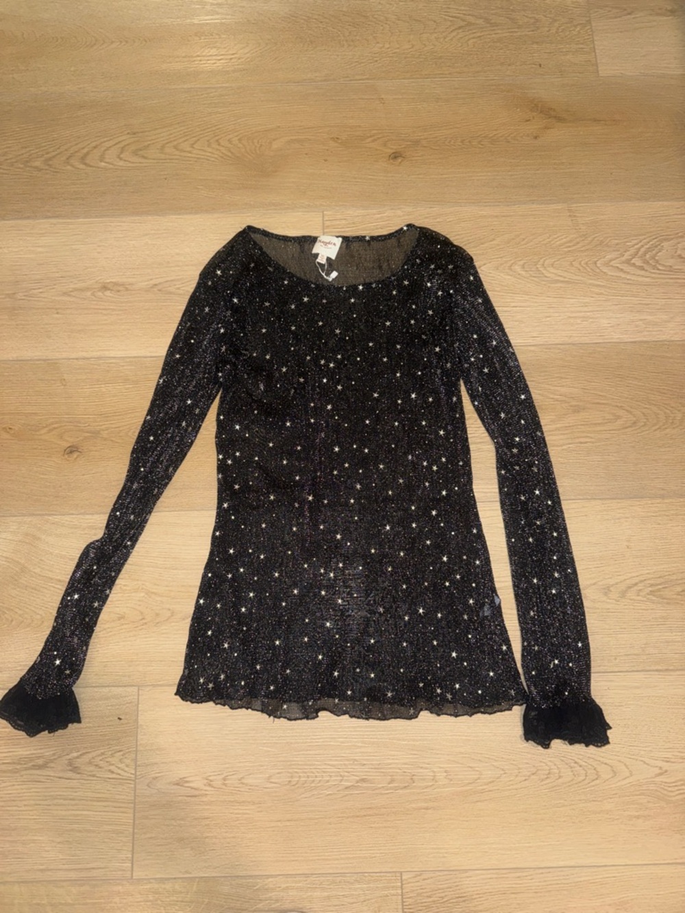 Black Star-Embellished Long-Sleeve Mesh Top